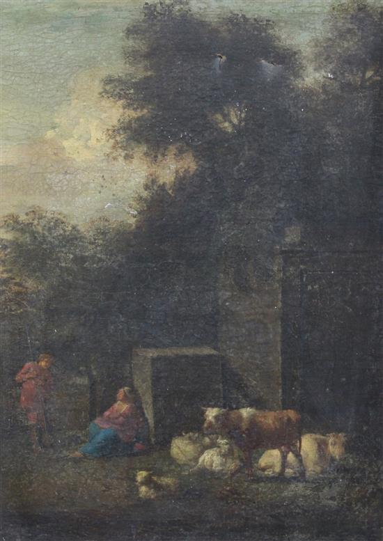 Early 19th century English School Shepherds at rest, 19.5 x 14in.